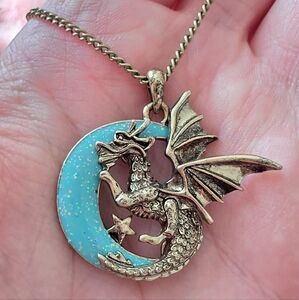 Fantasy Dragon & Moon Pendant Necklace | Adult Jewels Bronze Tone | Gothic Cospl